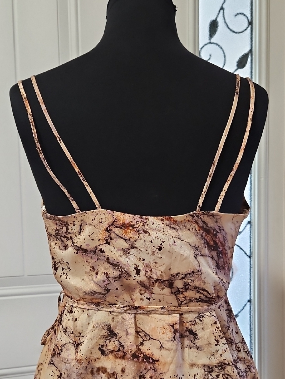 Zara Beige Marble Print Sateen Wrap Mini Dress XS W/ Double Spaghetti Straps - Picture 6 of 13